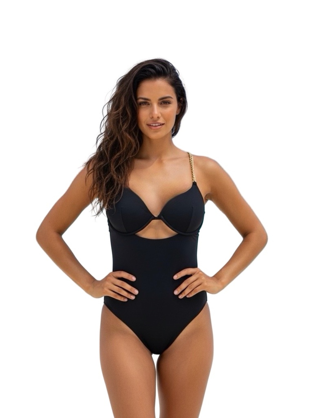 Black one-piece swimsuit features gold chain Straps And Cutout On The Front M